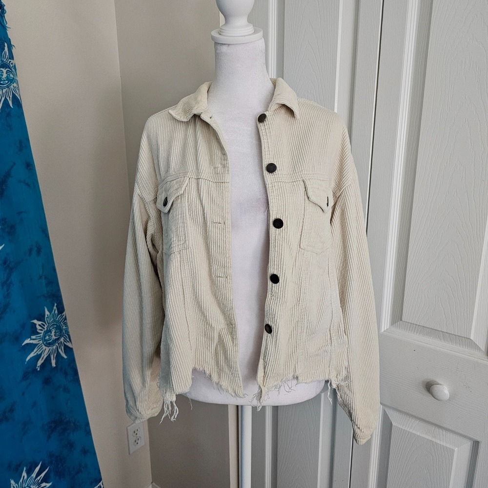 POL Corduroy Shacket Size M Cream Raw Hem Oversized Button Front Jacket